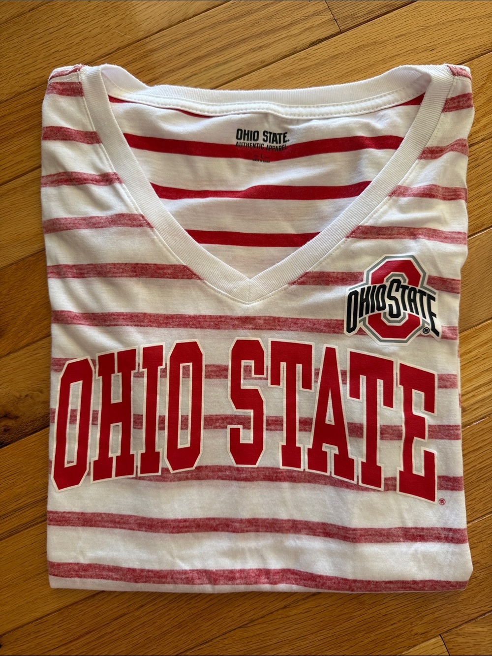 Ohio State Woman’s Red & White Striped V-Neck Tee